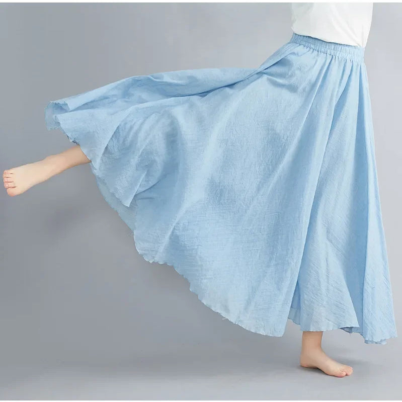 Fashion Cotton Linen Clothes Women Skirts Maxi Y2k Elegant Beach Saia Ropa Mujer Casual Vestido Boho Long Skirt Faldas Harajuku sky blue