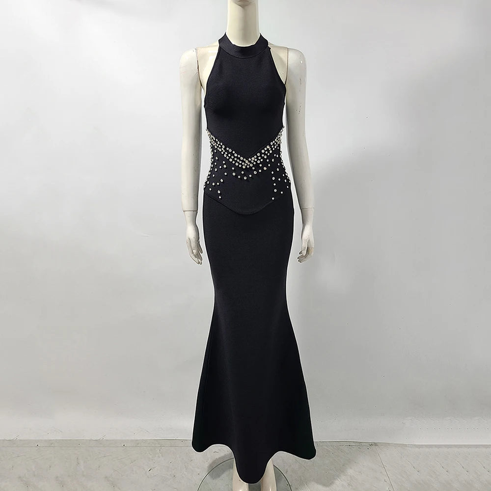 Elegant Black Halter Bandage Maxi Dress with Diamond Bodycon Sleeveless Vestidos Celebrity Party Runway Occasions Evening Gown