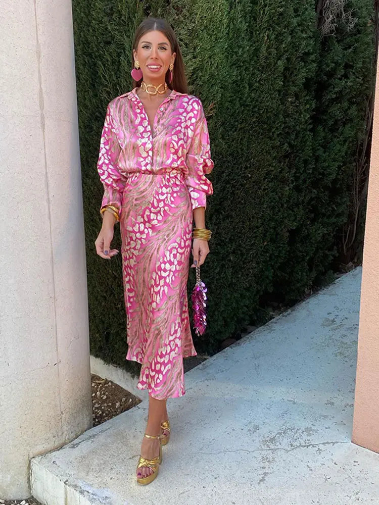 Elegant Printed Shirts Skirts Sets For Women Fashion Lapel Sleeves High Waist 2-piece Suits Summer Lady High Streetwears