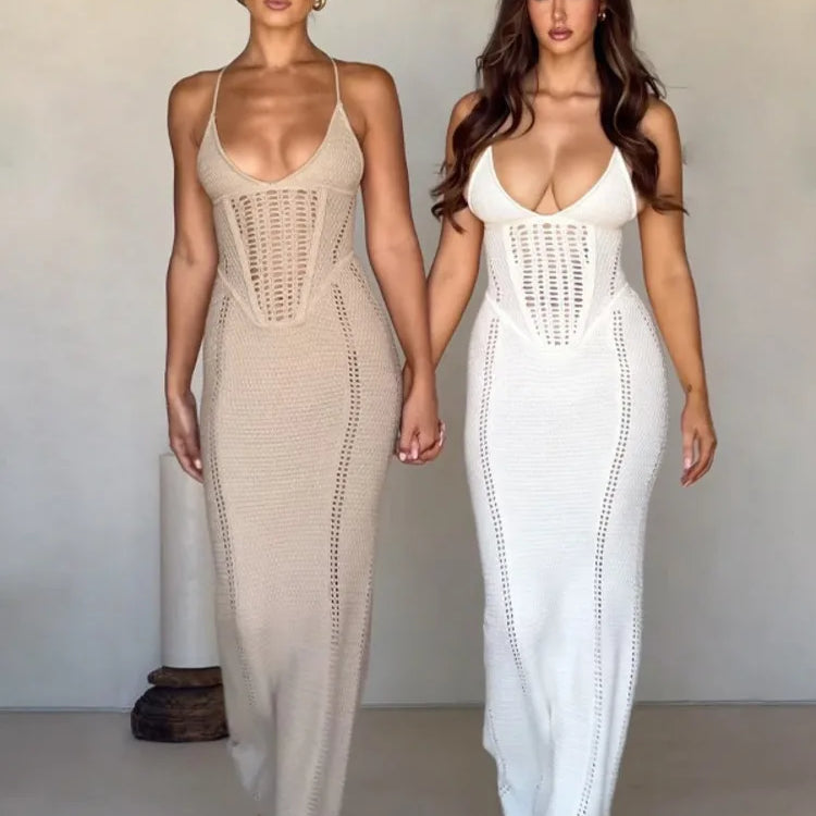 Mozision Hollow Out Backless Knit Dress For Women Spaghetti Strap Bandage Sleeveless Bodycon Club Party Sexy Long Dress Elegant