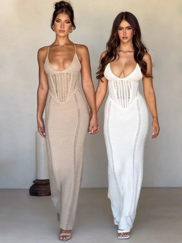 Mozision Hollow Out Backless Knit Dress For Women Spaghetti Strap Bandage Sleeveless Bodycon Club Party Sexy Long Dress Elegant