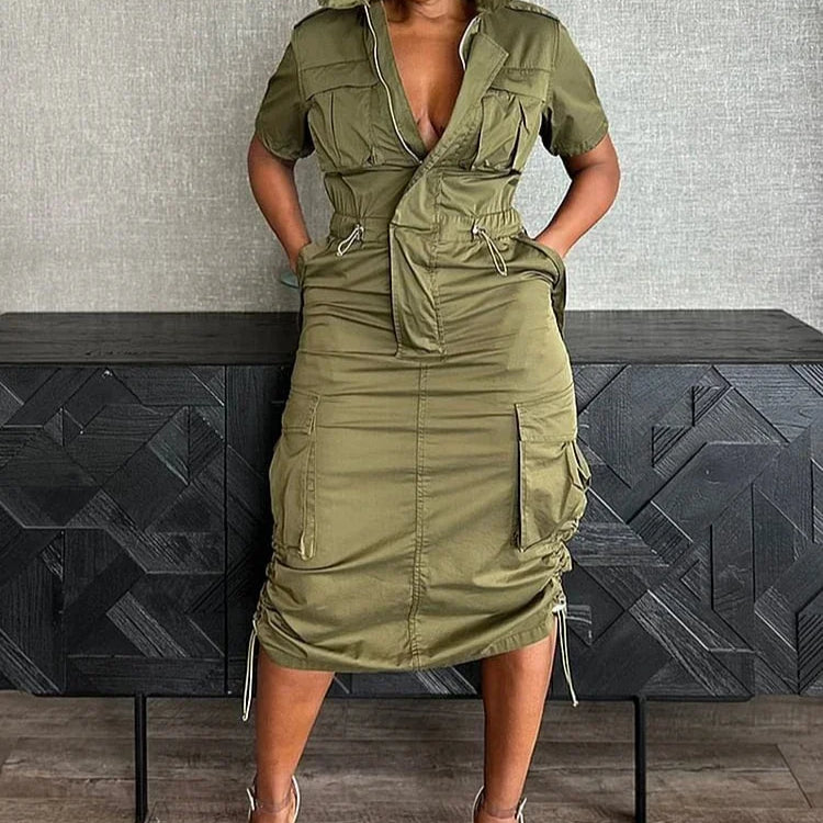 CM.YAYA Women High Waist Short Sleeve Mult Pockets Cargo Midi Dress Streetwear Drawstring Vestidos Party Sexy Evening Dresses
