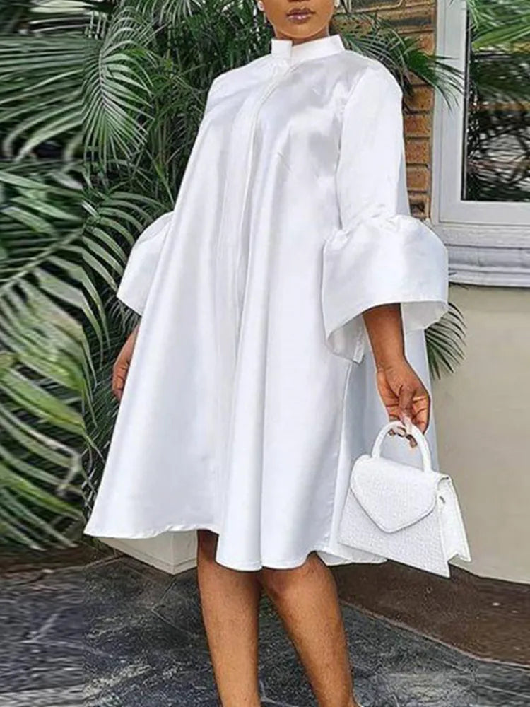 Women Loose Shirt Dress Puff Sleeves White Dresses Summer Autumn Fashion Casual Classy Holiday Robes Large Size 3XL Tunic 2023 WHITE
