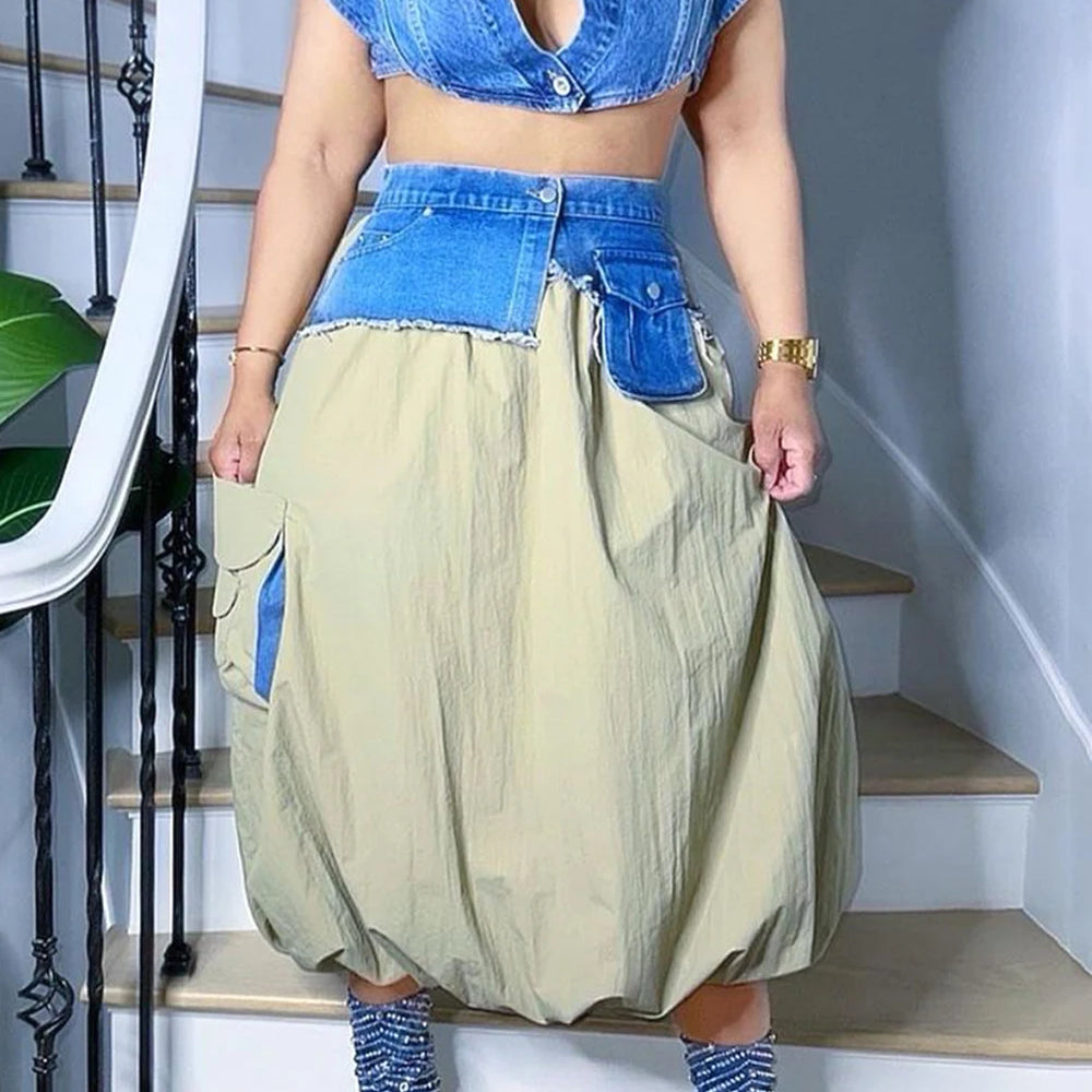 Plus Size Daily Green Shirt Collar Waistcoat Contrast Pocket Denim Two Piece Skirt Sets