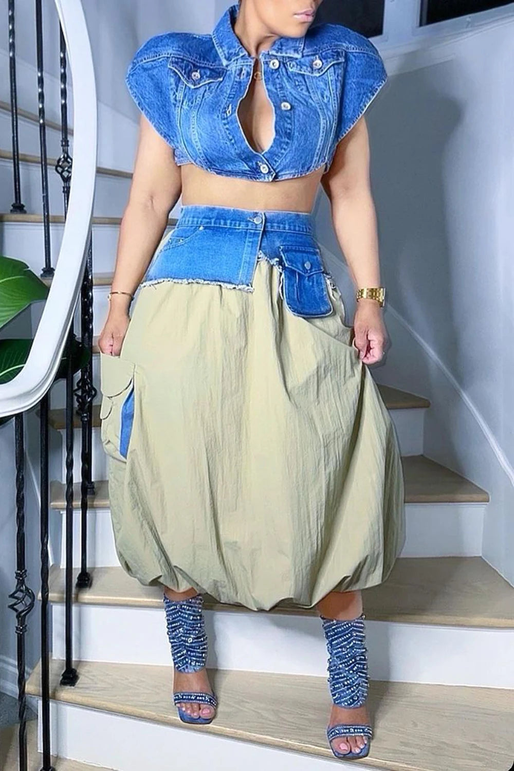 Plus Size Daily Green Shirt Collar Waistcoat Contrast Pocket Denim Two Piece Skirt Sets