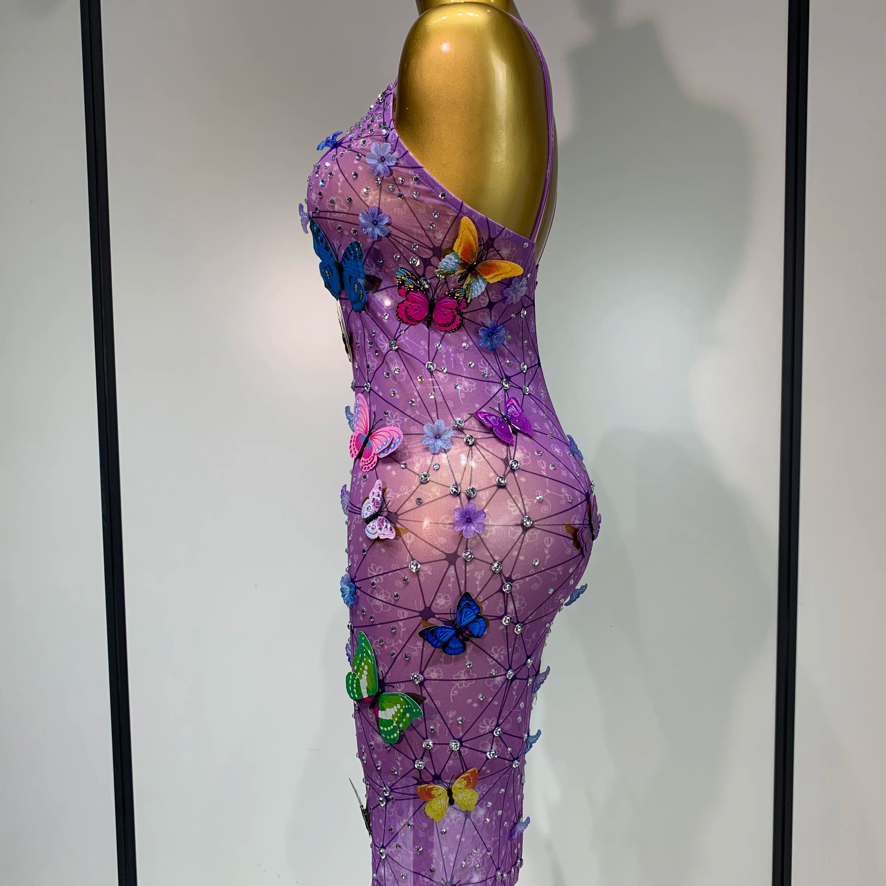 Sparkly Women Sexy Mesh See Through Dress 2025 New Arrival Butterfly Purple Celebrity Luxury Birthday Nightclub Stage Outfit