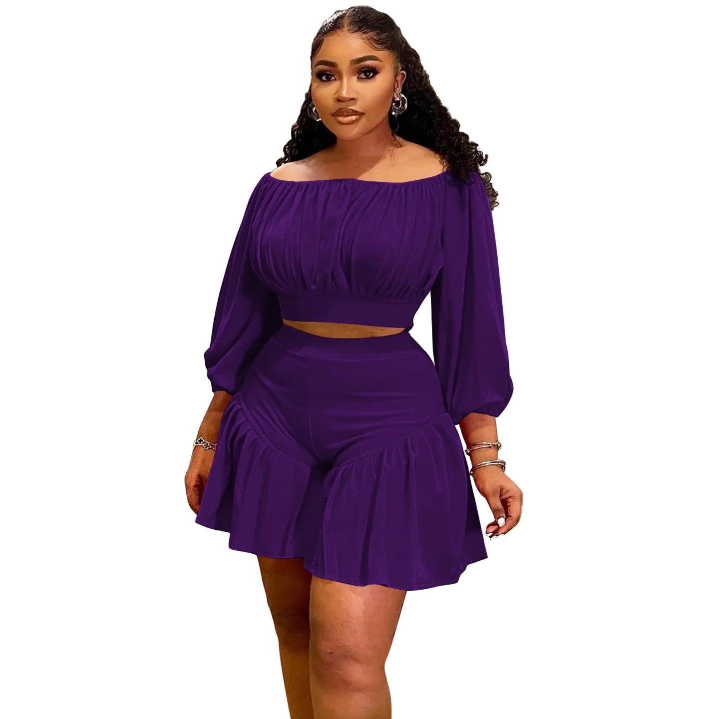 CM.YAYA Plus Size Women's Set Long Sleeve Slash Neck T-Shirt and Shorts 2025 Summer Ruched Two 2 Piece Set Outfits Tracksuit