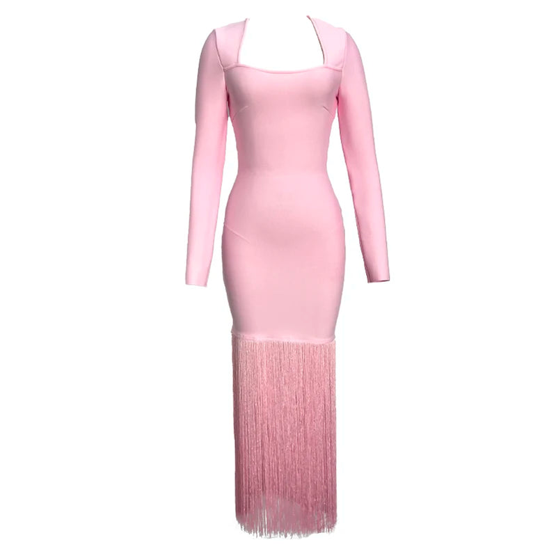 Vestido longo feminino preto rosa com manga comprida, gola quadrada, borlas, justo, bandagem, boate, festa, comemoração