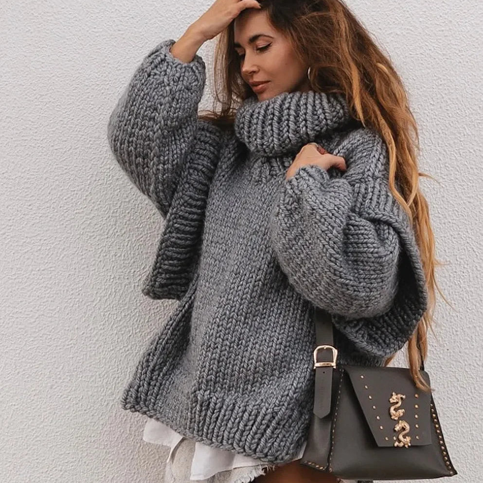 Solid Knit Turtlrneck Double Lantern Sleeve Women Pullover Thick Warm Oversized Loose Top Sweater 2023 Fall Winter Chic Knitwear CYD8654-QF