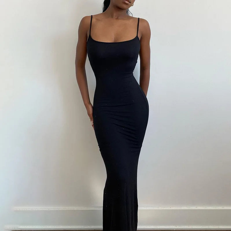 Summer Dresses For Women Sexy Spaghetti Strap Black Long Dress Y2k Sleeveless Solid Skinny Bodycon Trumpet Maxi Vestidos