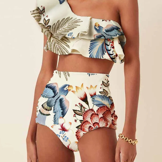 Women's Printed Ruffle Swimsuit Fashion One Shoulder Slash Breasted Bikini Two Piece High Waisted Tummy Tuck Beachwear 2023 New Blue