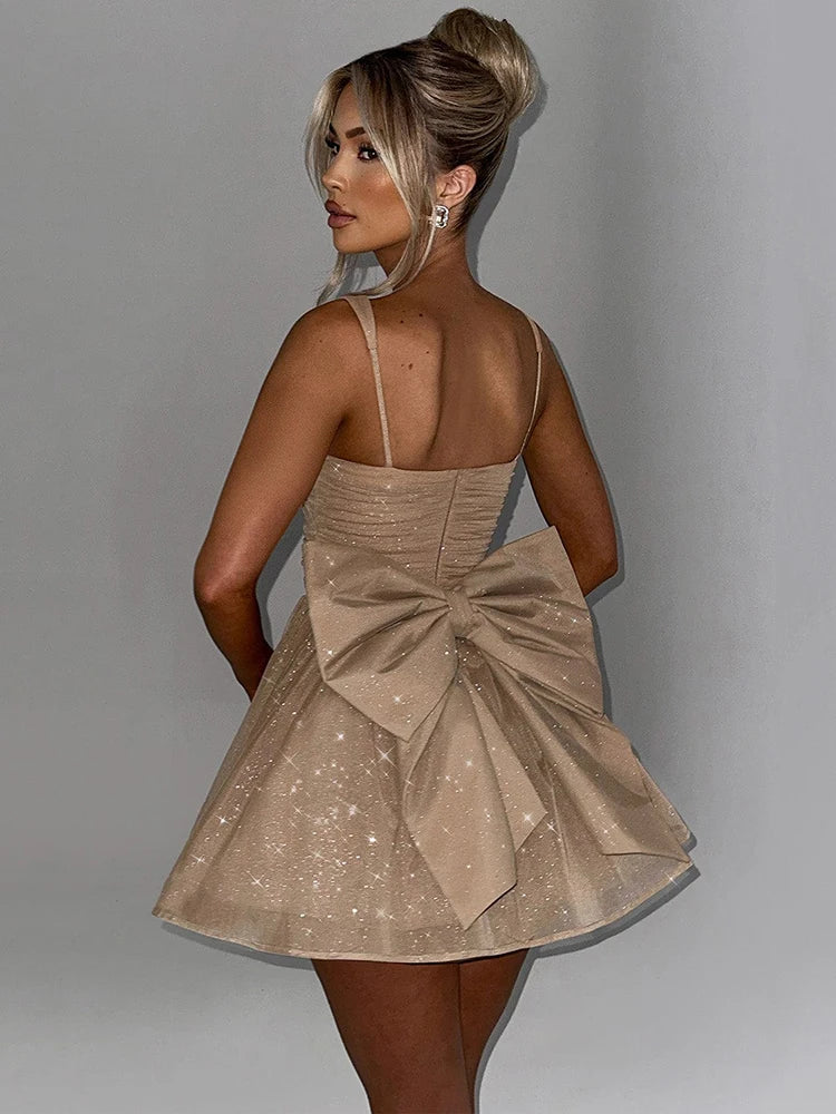 Vestido curto sexy com costas nuas e laço para mulheres, robe, alças finas, sem mangas, costas nuas, cintura alta, linha A, vestido de festa