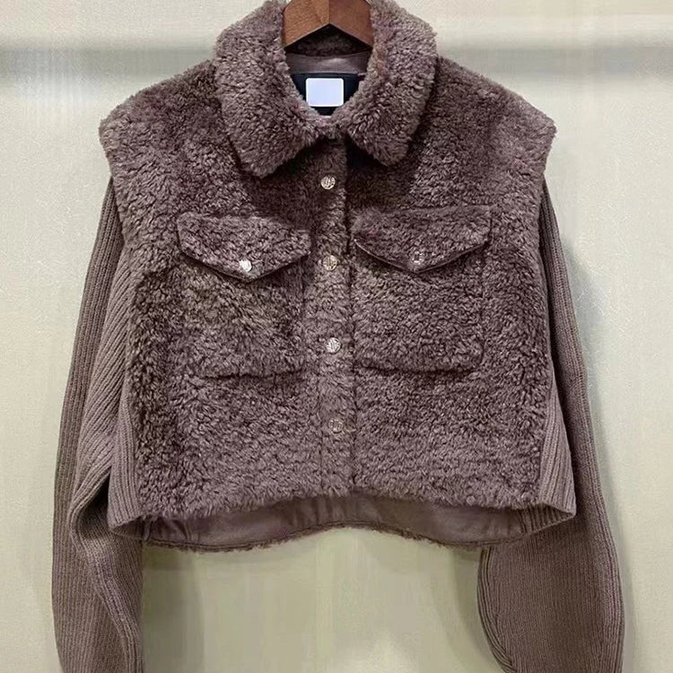 IOO Winter New Thick Warm Wool Fur Women Coats Knit Splice Turn-Down Collar Pocket Faux Fur Short Female Outwear Jackets Tops