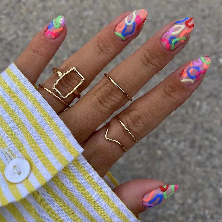 24pcs Colorful Doodle Full Cover Nail Tips Art Lines Design False Nails Mid-length Oval Press on Nails Sets Wearable Fake Nail