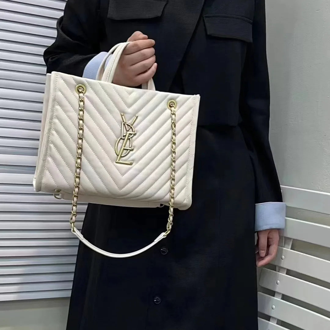 2025 New Women Genuine Leather Quilted Chain Tote Bag, Large Capacity Crossbody Sling Chic Shoulder Purse for Work and Travel