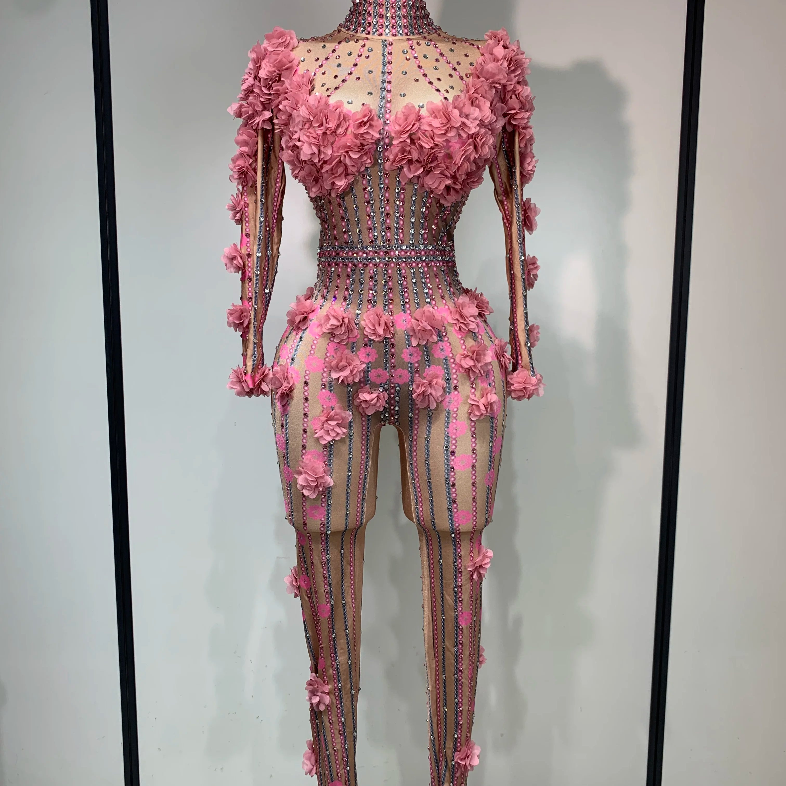 Sexy Skinny Rhinestones Flower Long Sleeve Bodycon Jumpsuit Women High Street Nightclub Birthday Performance Dance Stage Outfit