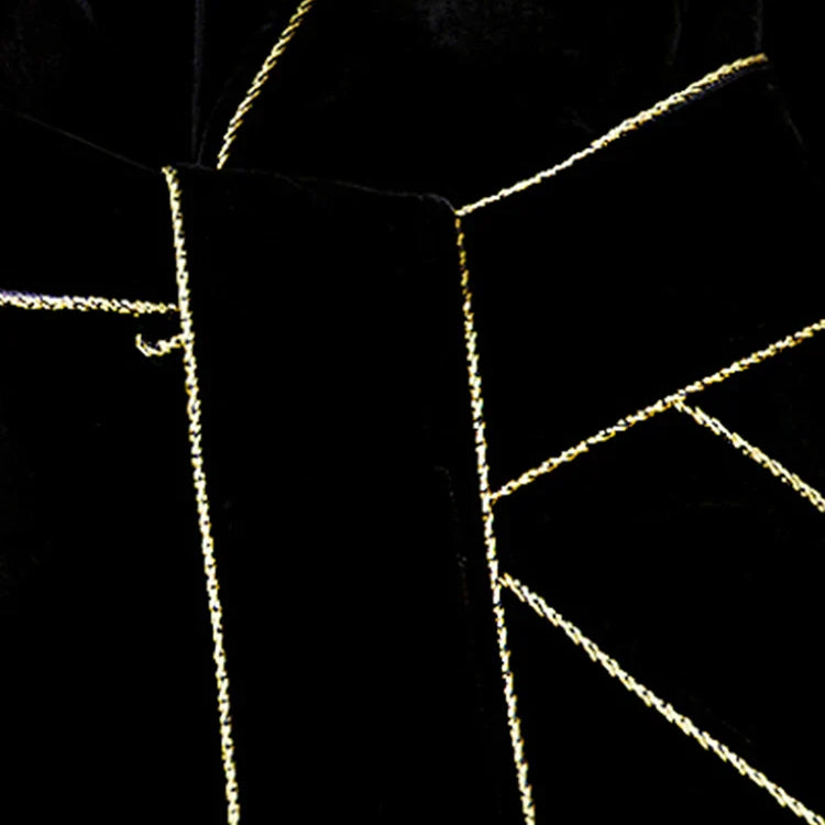 Spring Autumn Long Black Velvet Trench Coat for Women with Gold Trim Sashes Double Breasted Luxury Designer Fashion 2022