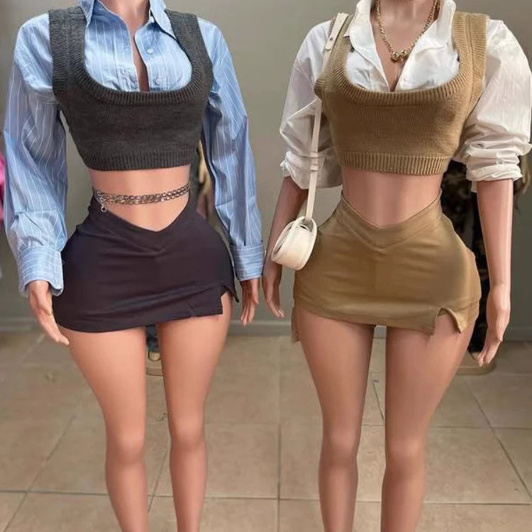CM.YAYA Women Mini Skirts Set +Full Sleeve Knit Vest Shirts 2025 Spring Two 2 Piece Set Outfits Casual Street Night Club Outfits