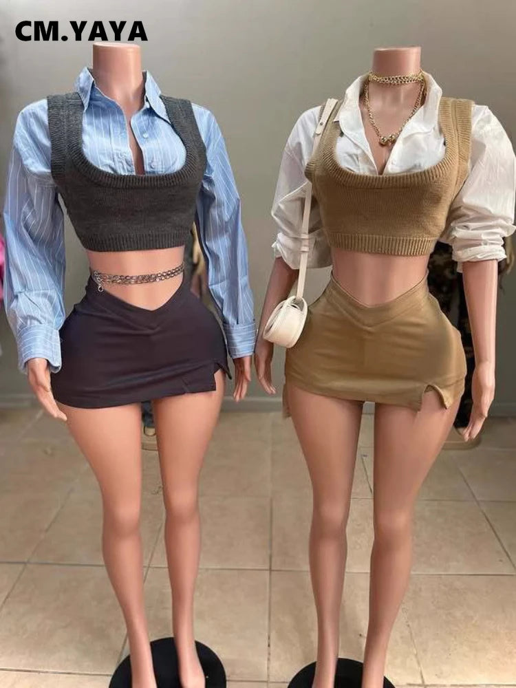 CM.YAYA Women Mini Skirts Set +Full Sleeve Knit Vest Shirts 2025 Spring Two 2 Piece Set Outfits Casual Street Night Club Outfits