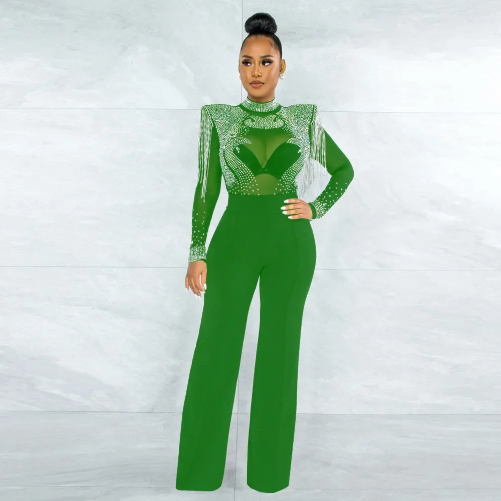 CM.YAYA Women Jumpsuit Solid High Collar Hot Drill Mesh Shoulder Cotton Long Sleeves Long Straight Jumpsuit Sexy Party Outfits green