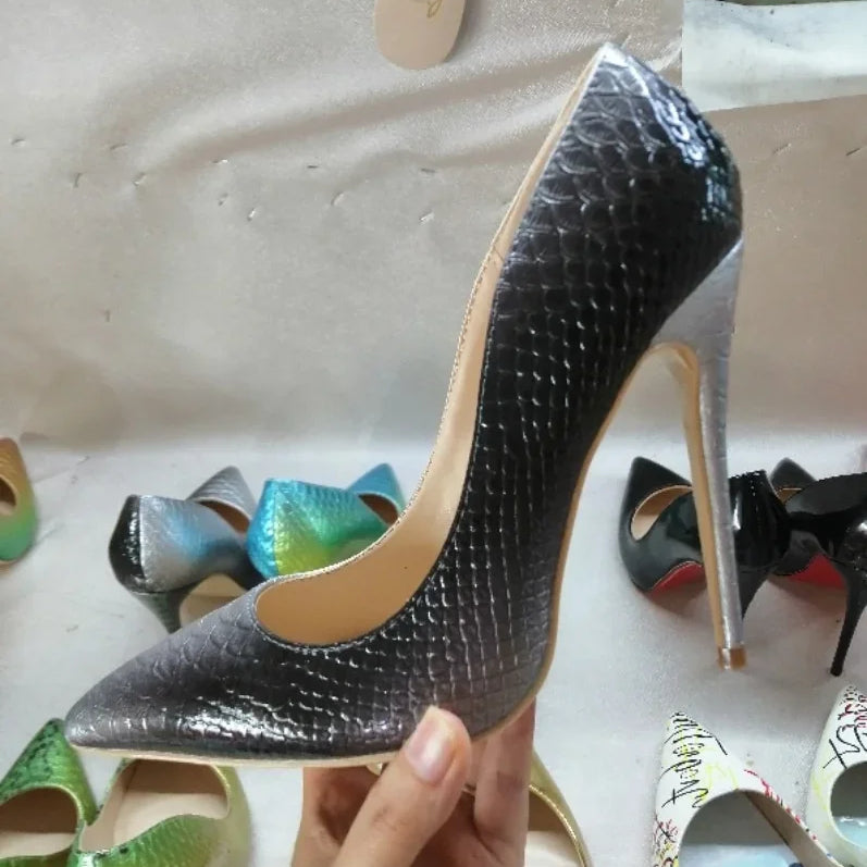 White Snake Pattern Pumps Shallow Pointed Toe High Heels Pull On Luxury Shoes Solid Scales Metallic Sandalias De Mujer 12CM