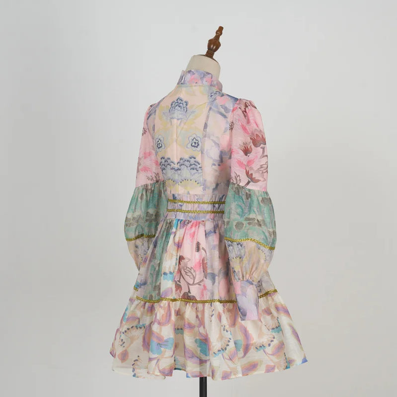 Fall Shot Spot Customized Product Vintage Court Style Small Stand Collar Bubble Sleeve Waist-Tight Dress