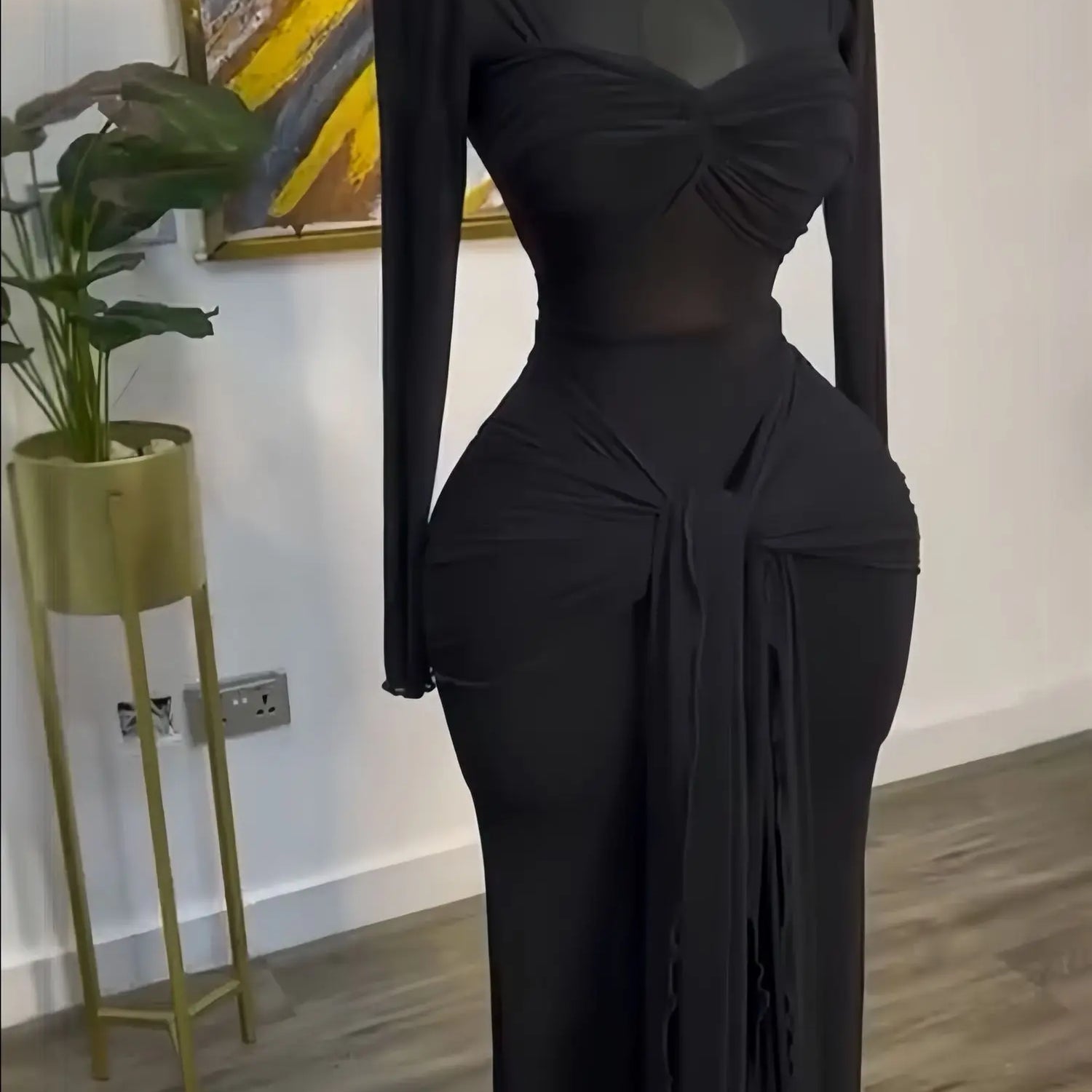 CM.YAYA Women Mesh See Though Long Sleeve Maxi Bowknot Long Dress 2025 Evening Sexy Club Party Evening High Street Dresses