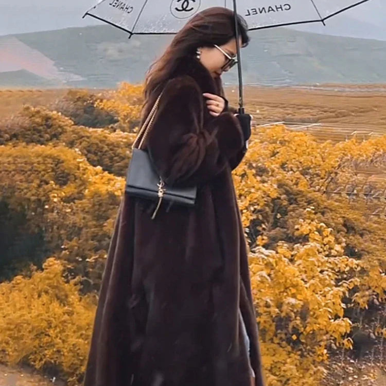 Winter Long Oversized Warm Thick Fluffy Brown Soft Skirted Faux Mink Fur Coat Women Elegant Luxury Furry Overcoat 2024