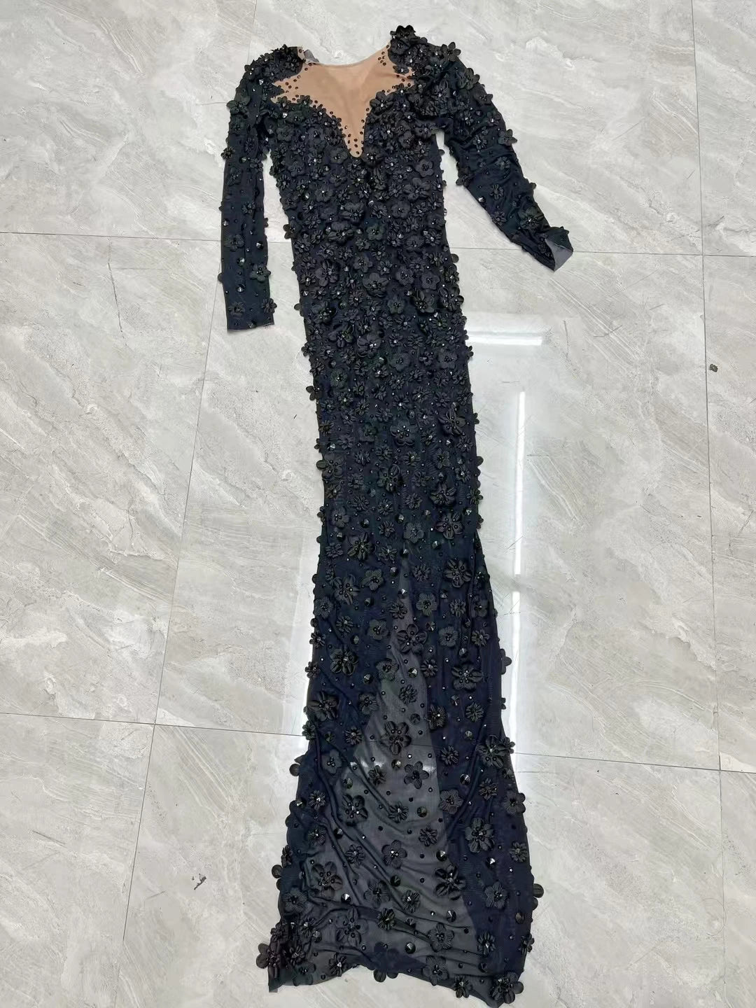 Shine Rhinestone Black Evening Dress Sheer Mesh Tight Fitting Flower Long Dress Elegant Mysterious Party Sexy Women Dress Cunjie