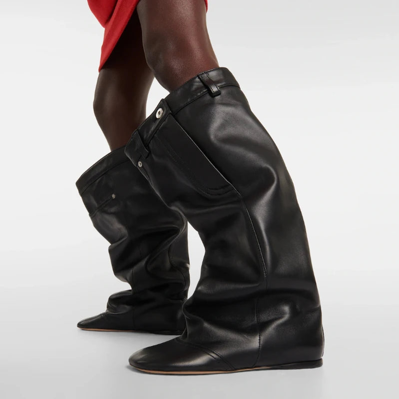 Women's High Rise Knee Length Women's Boots Fashion Size 43 Large Flat Bottom High Barrel Mid Sleeve Women's Boots