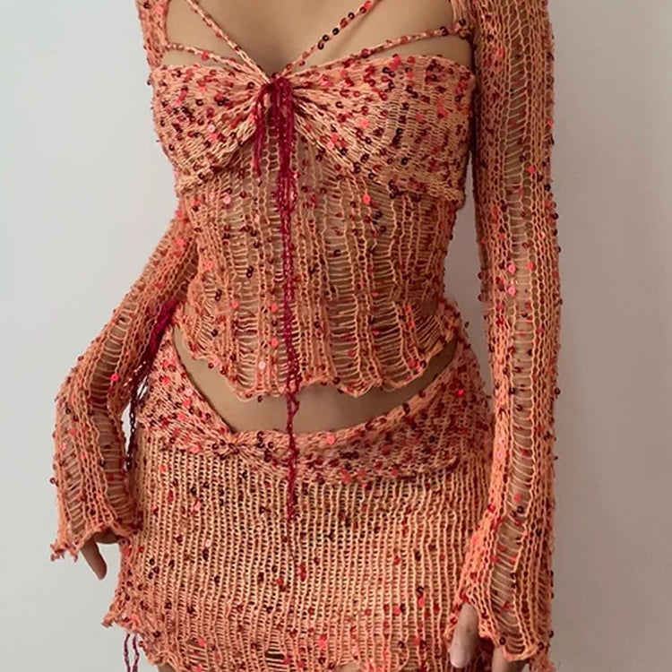 Sequins Knitted Hollow Out Two Piece Set Women Long Sleeve Cropped Top Midi Bodycon Skirt Summer Chic Beach Female Outfits