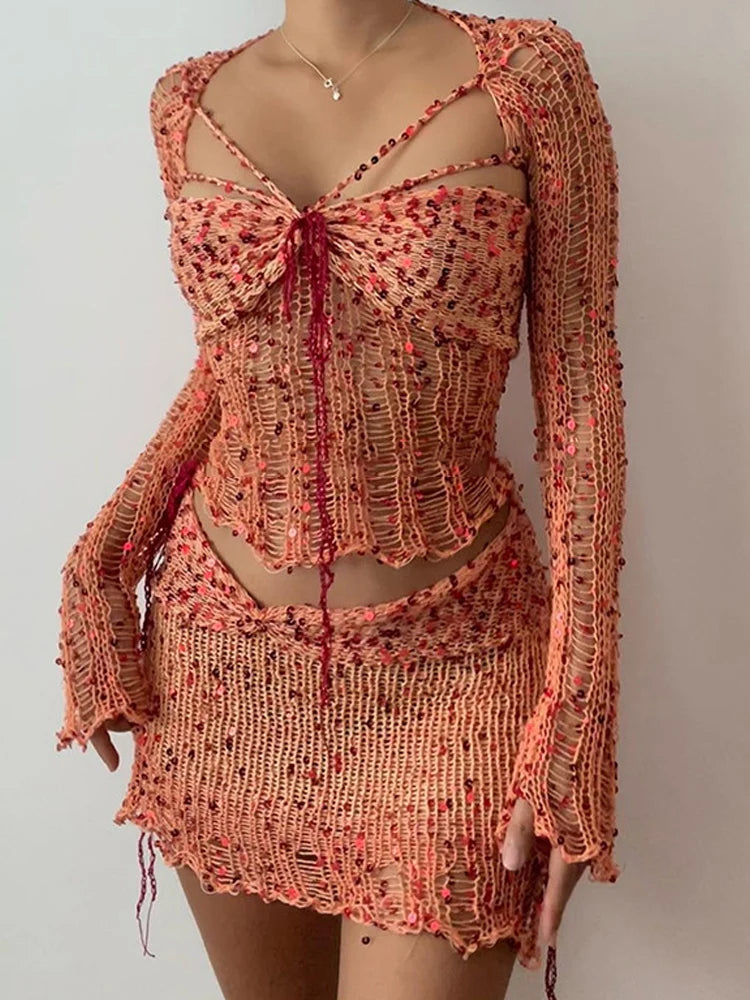 Sequins Knitted Hollow Out Two Piece Set Women Long Sleeve Cropped Top Midi Bodycon Skirt Summer Chic Beach Female Outfits