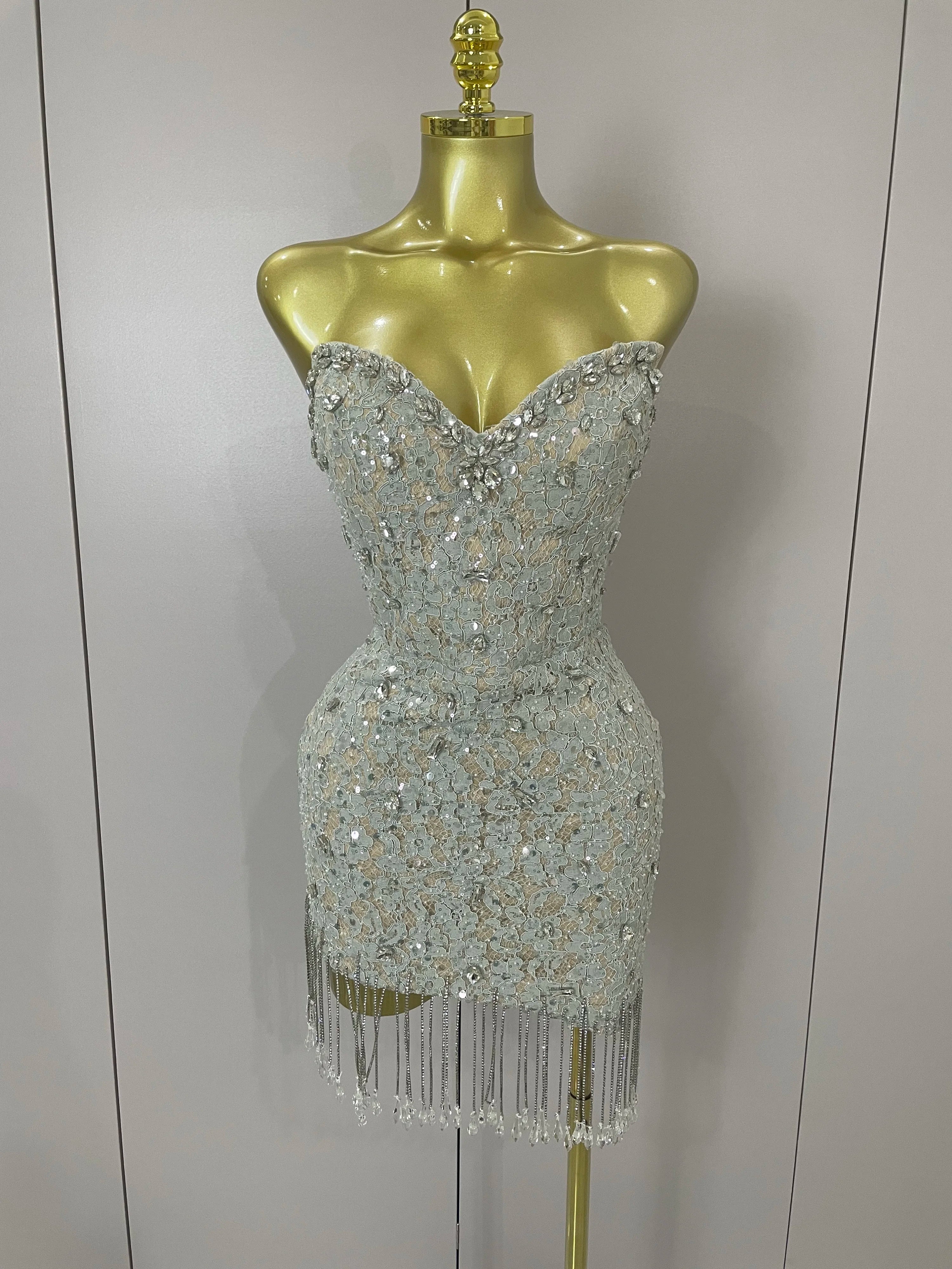 Luxury Sparkle Diamond Tassel Halter Cocktail Dress 2025 Women Elegant Evening Formal Gowns Wedding Party Dresses Stage Costumes