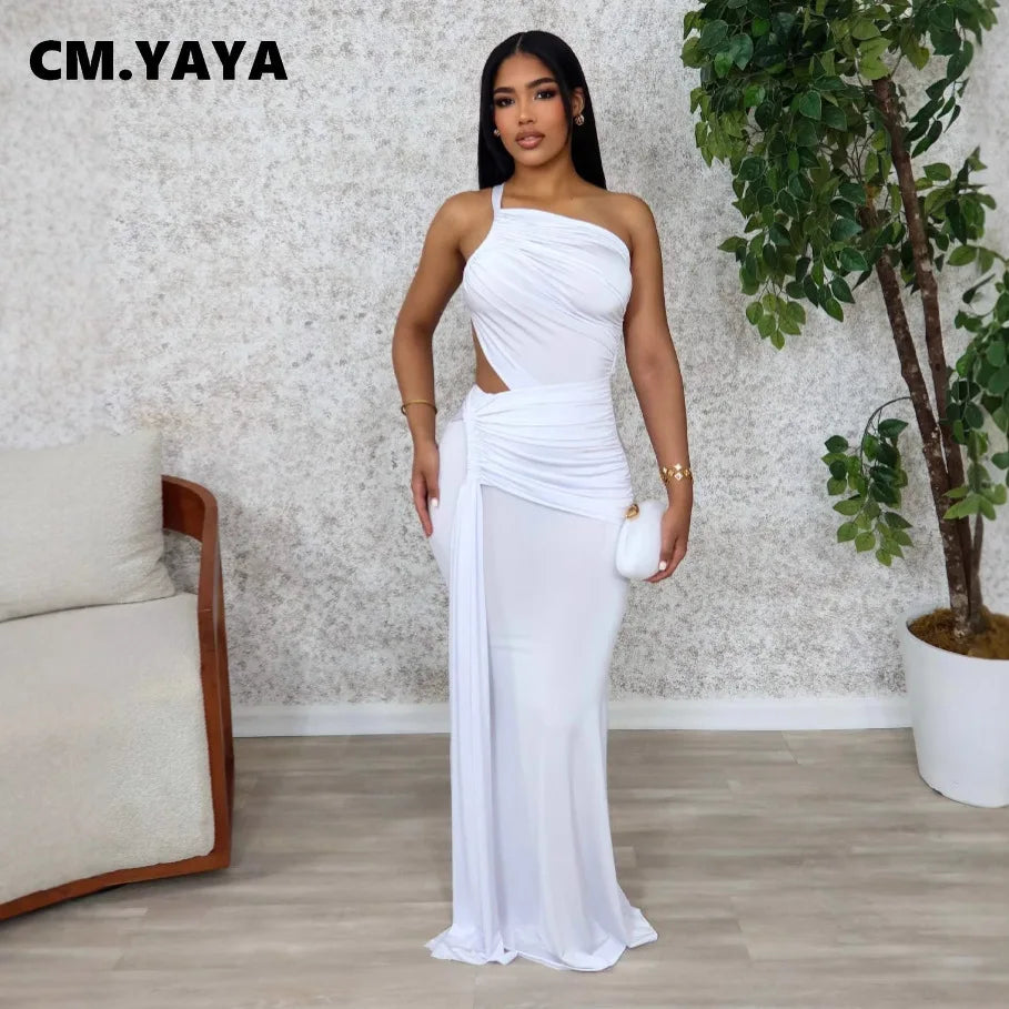 CM.YAYA Women Sleeveless Hollow Out Strap Ruched Maxi Long Dress 2025 Summer Street Sexy Party Birthday Evening Dresses Vestidos