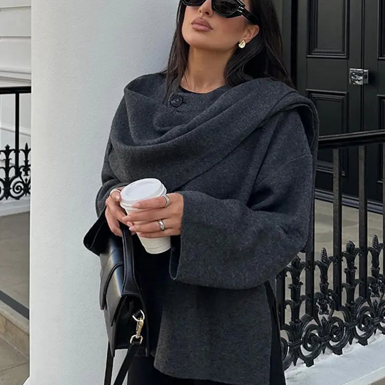 Autumn Short Gray Knitted Cape Coat with Scarf Women Fashion Long Sleeve Loose Cardigan Female Winter Elegant Chic Streetwear