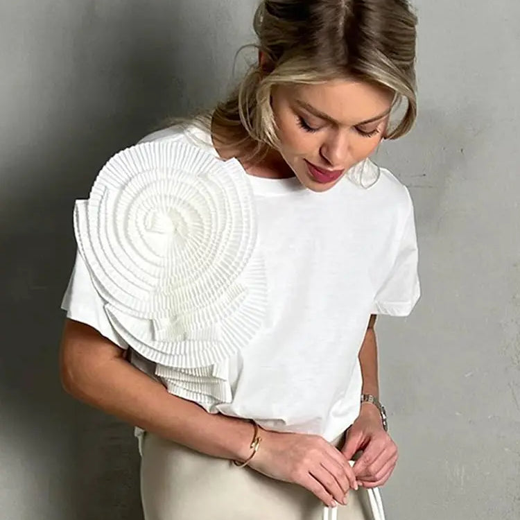 Elegant Lady 3D Pleated Flower Solid T Shirt Fashion Round Neck Short Sleeves Tops Spring Summer Casual Women Street Wear White short