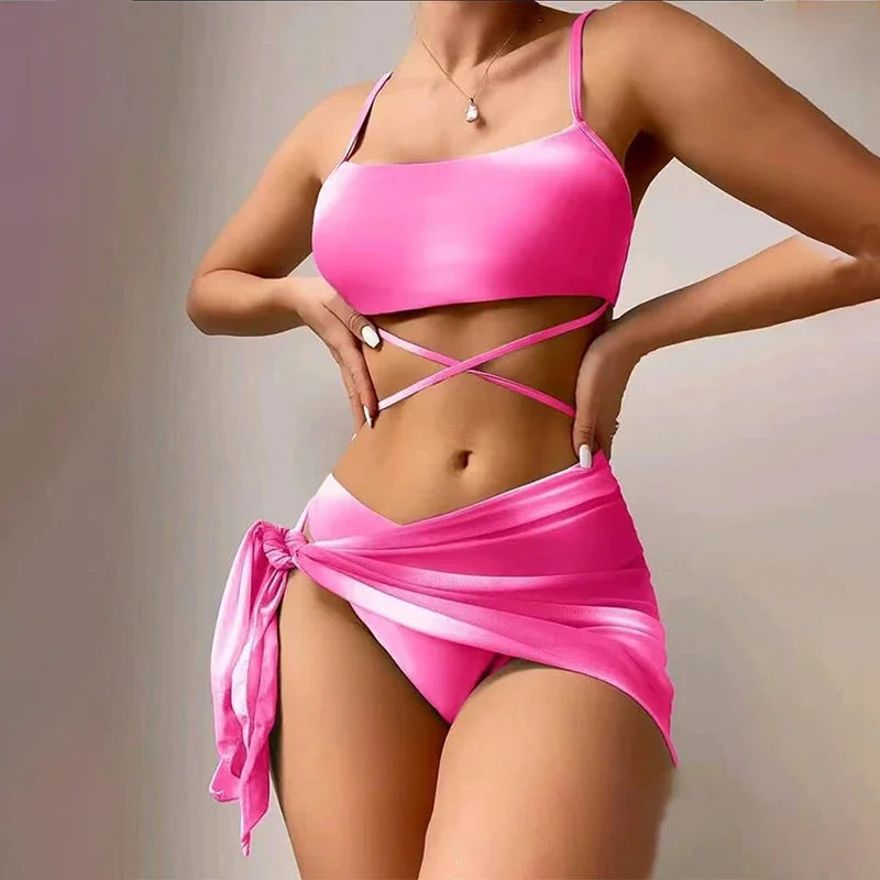 Sexy Womens 3 Pieces Bikini Set Tie Dye Swimsuit Beachwear Summer Fashion Push Up Comfortable Mesh Skirt Suit for Ladies