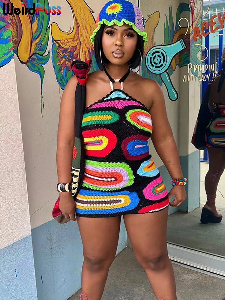Weird Puss Fake Knit Print Dress Women Summer Fashion Backless Colorful Halter Mini Bodycon Skinny Stretch Streetwear Clothes