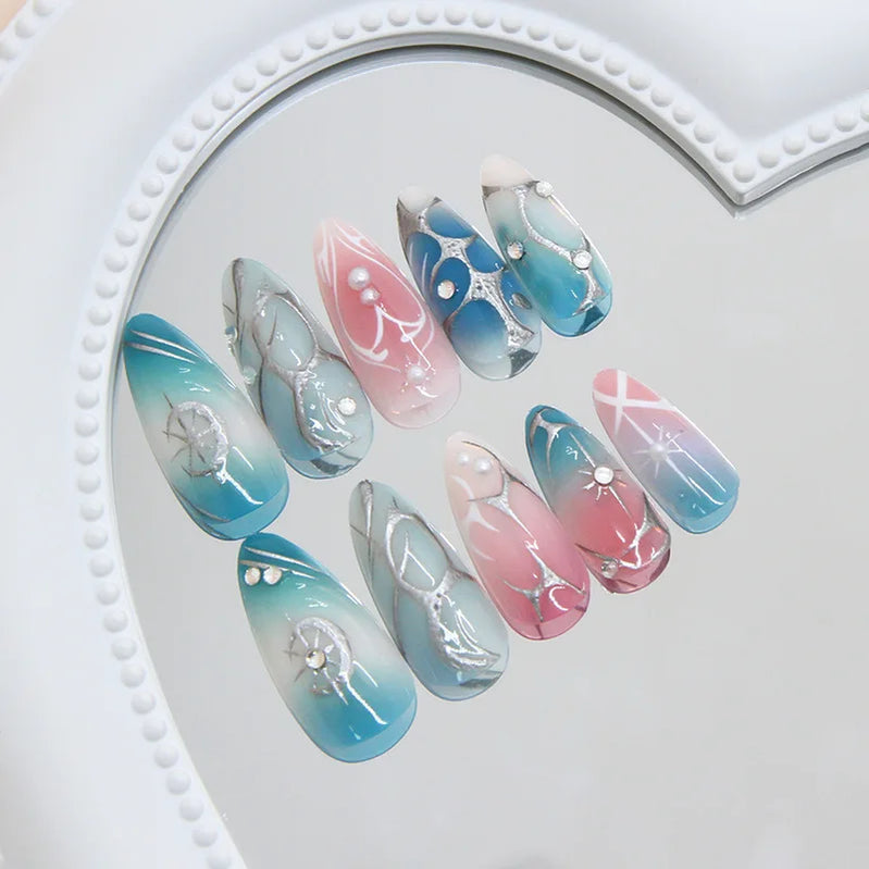 24pcs Ins Almond Press on Nails Gothic Sliver Metal Line y2k Fake Nails Detachable Wearable Sweet Cool Spicy Girl False Nails