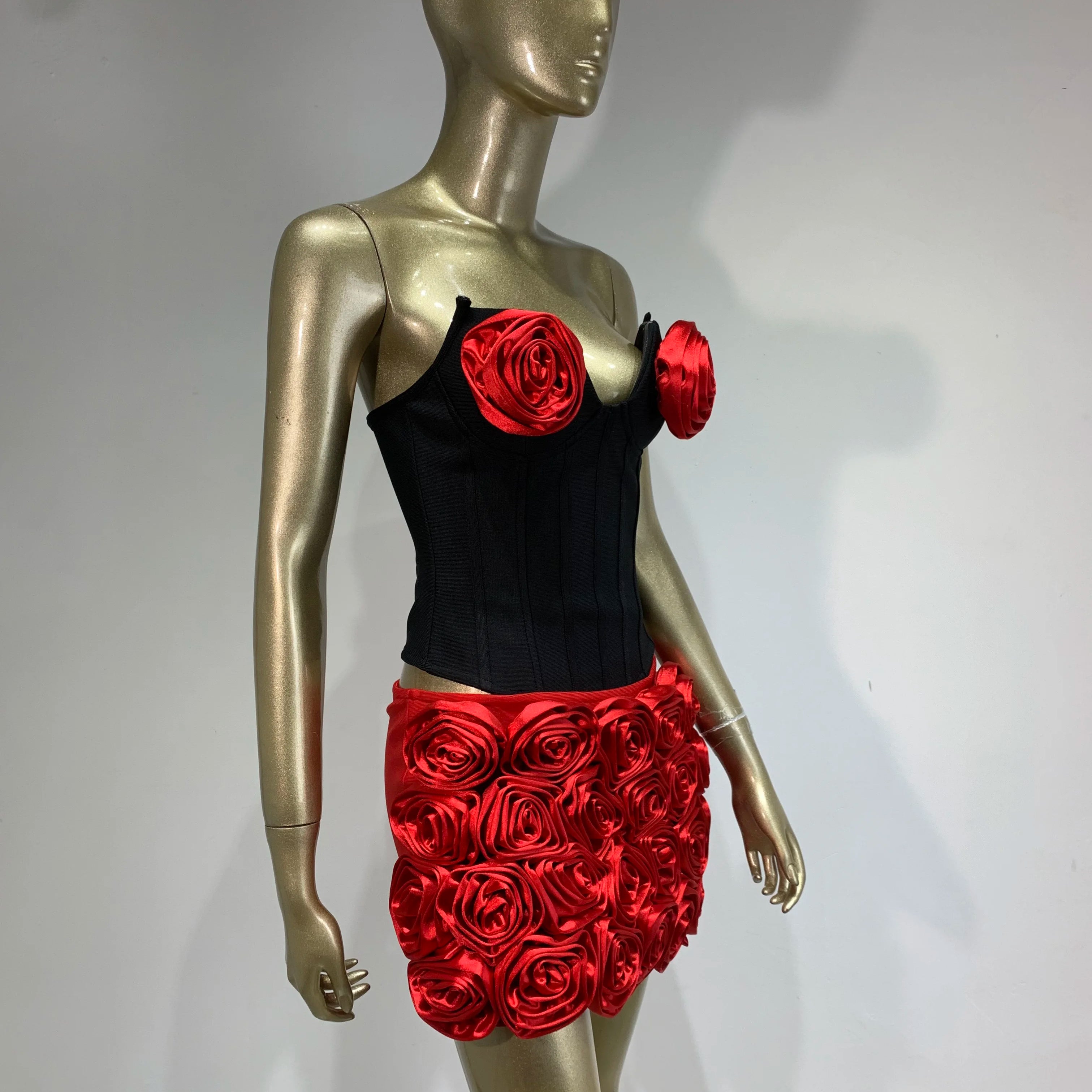 Women Sexy Strapless Zipper Patchwork Red Flower Mini Two Pieces Skirt Bandage Set 2025 Celebrity Designer Fashion Women's Set