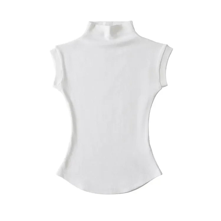 Women Summer Sexy Turtleneck Sleeveless T-Shirts Tops Solid Slim Fit Pullovers Causal Tees Shirts Female Streetwear Basics Tees WHITE