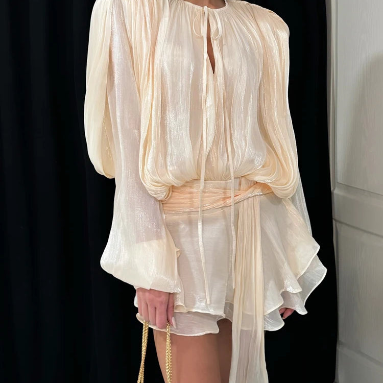 TWOTWINSTYLE Solid Loose Spliced Folds Elegant Dresses for Women Round Neck Long Sleeves Patchwork Lace Up Tunic Dress Female