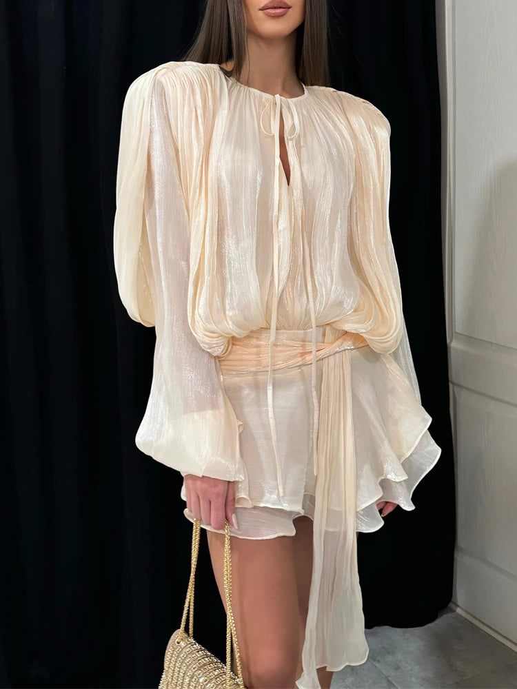 TWOTWINSTYLE Solid Loose Spliced Folds Elegant Dresses for Women Round Neck Long Sleeves Patchwork Lace Up Tunic Dress Female