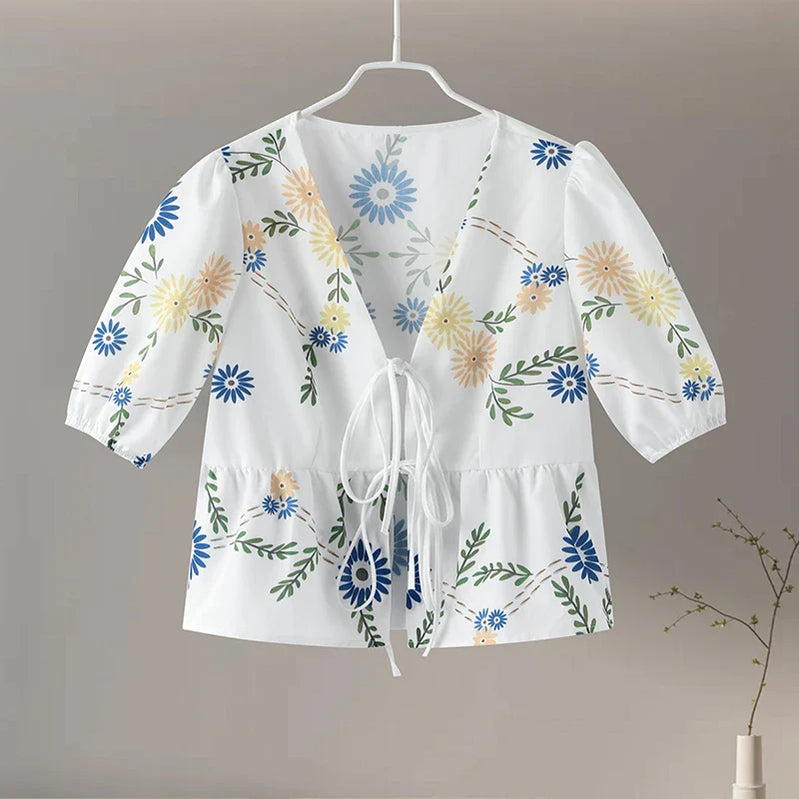 Fashion Print Bow Lace Up Women Blouses Loose V-neck Short Puff Sleeve Female Shirts Spring Summer Casual Lady Flower Tops Print 02