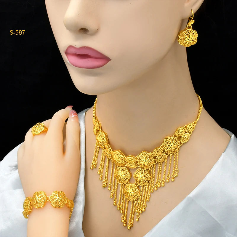 Ethiopian Tassel 24k Gold Plated Jewelry Sets For Women Arabic Wedding Indian Bridal Dubai Necklace And Earring Set Gifts