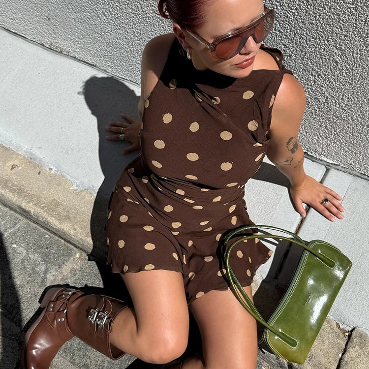 Sleeveless Polka Dot Dress For Woman Fashion Brown Print Mesh O Neck Ruched Mini Dress Elegant Irregular Dresses