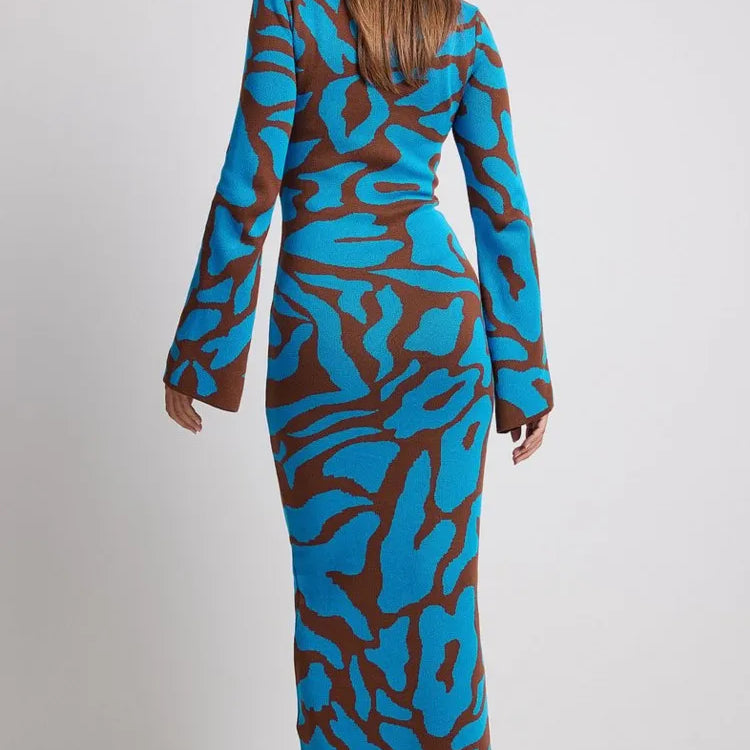 Striped Knitted O-neck Long Sleeve Midi Dresses Elegant Women Bodycon A-line Vestidos Female Fashion Casual Street Maxi Clothes