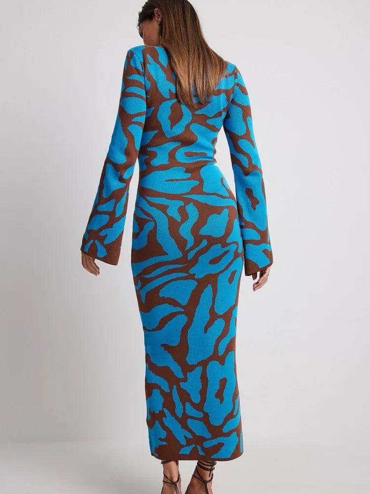 Striped Knitted O-neck Long Sleeve Midi Dresses Elegant Women Bodycon A-line Vestidos Female Fashion Casual Street Maxi Clothes