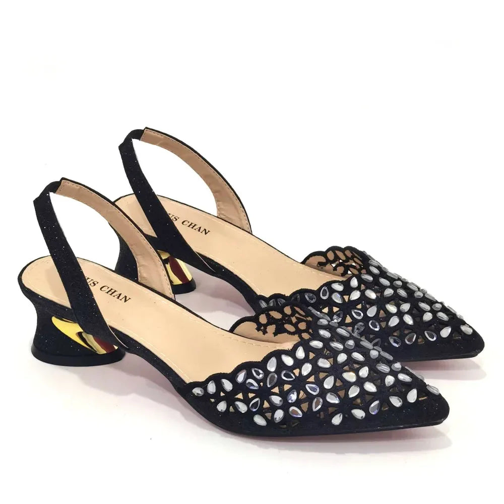 Venus Chan Low Heel Shoes for Women Hollowed Out Embroidery Rhinestone Italian Design Gold Color Pointed-Toe Shoes and Bags Set A PAIR SHOES BLACK