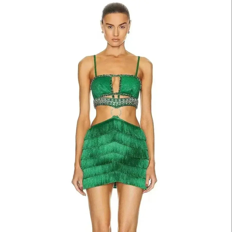 STOCK Stylish Tassel Sexy Hollow Out Spaghetti Strap Mini EvenDress  Summer Holiday Vocation Vestido Music festival Outfit